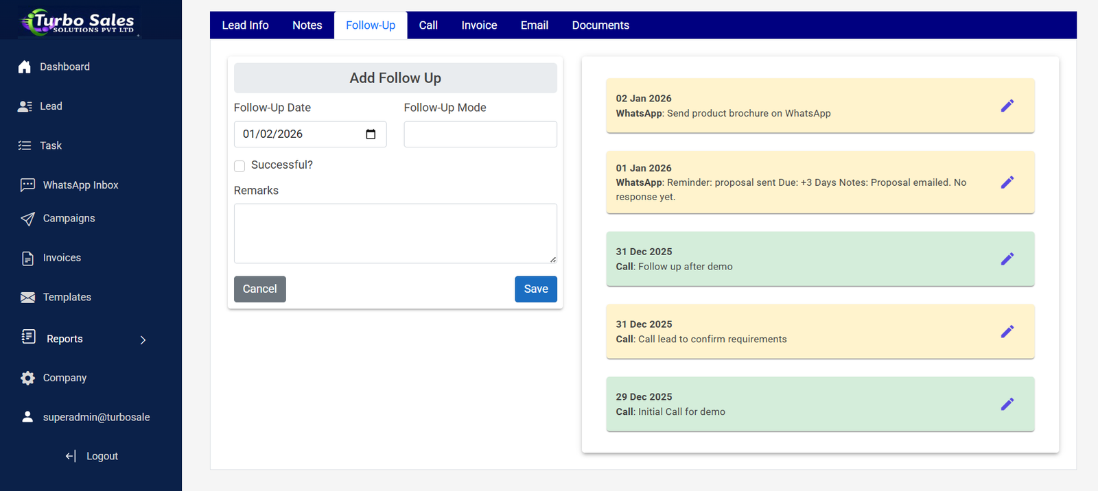 TurboSales reports and analytics module screenshot